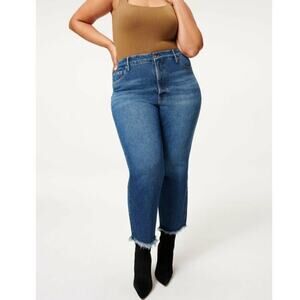 Good American 0 /25 Good Boy Straight Leg Jeans‎ Dark Denim Wash Blue Raw Hem